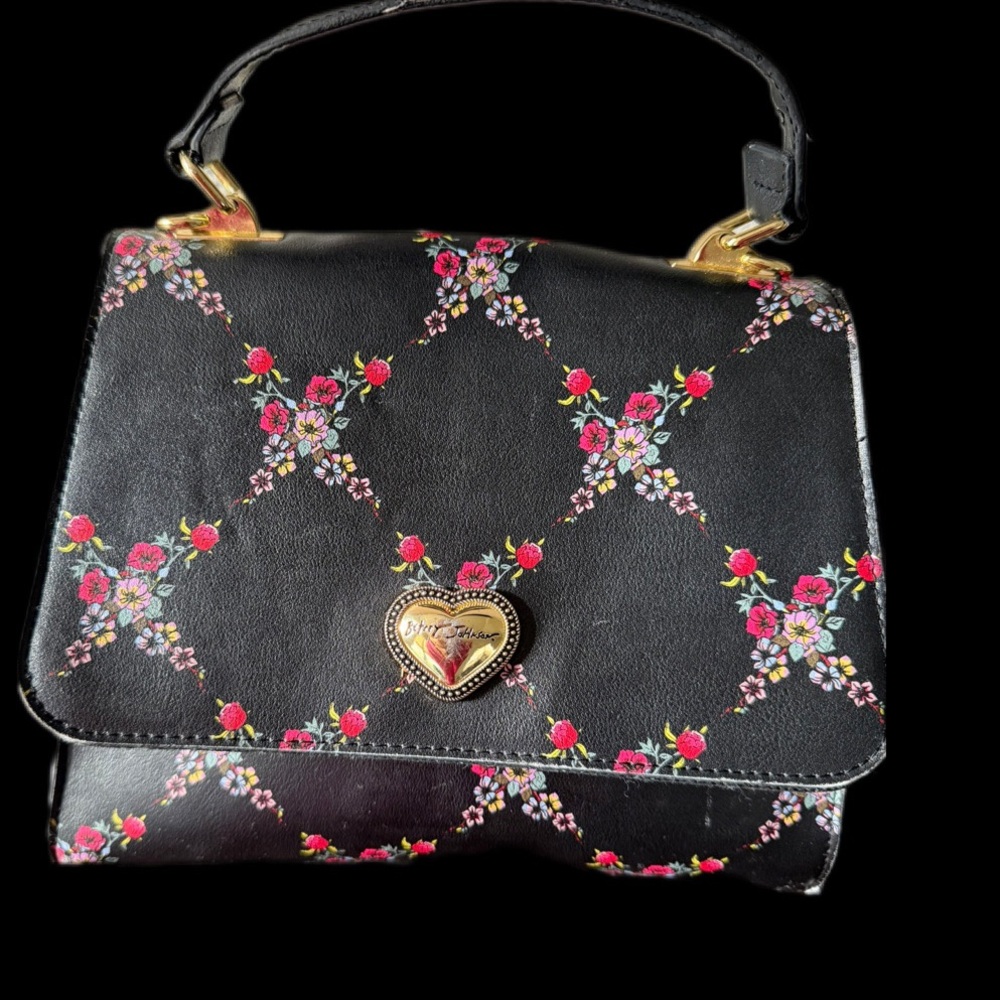 Betsey Johnson Black Satchel with Pink Floral Lattice and Gold Heart